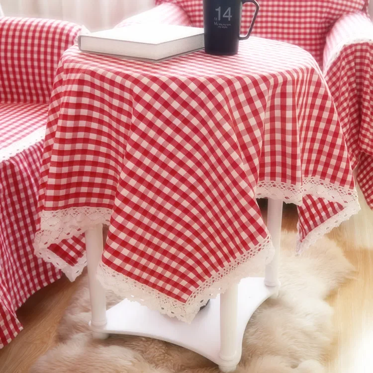 

Pastoral fabric plaid pure cotton coarse cloth dining table cloth set tablecloth tea table cloth set