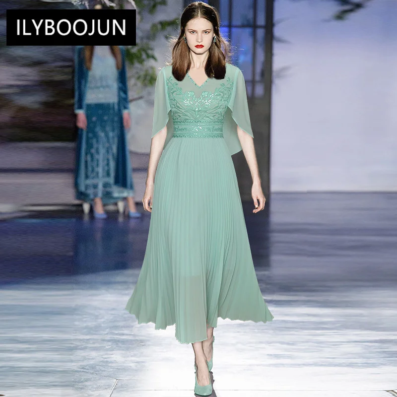 

Dresses For Women 2022 Elegant High Quality Luxury V-neck Butterfly Gorgeous Crystal Beading Embroidery Vacation pleated Dress