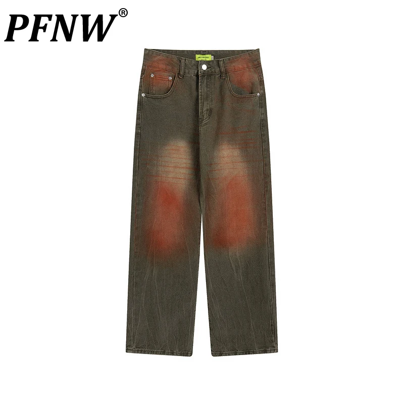 

PFNW Spring Summer Men's Tide Contrast Vintage Jeans Chic Straight Wearproof Personallity Hip Hop Techwear Denim Pants 12A9088