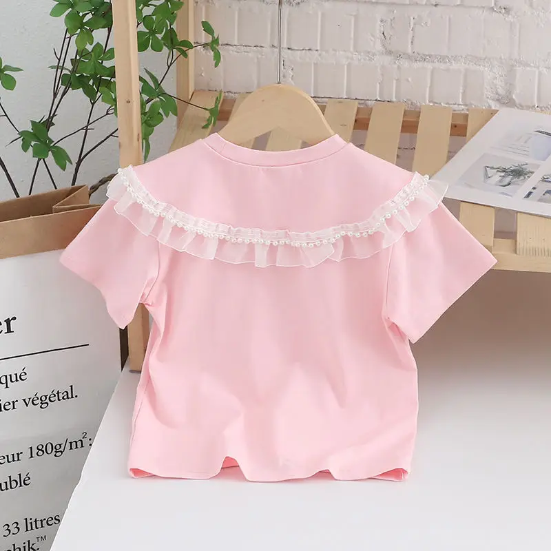 Girls Cute Doll Collar T-Shirt 2022 Summer Girls Fashion Pearl Short Sleeve Top Baby Comfortable Bottoming Fir enlarge