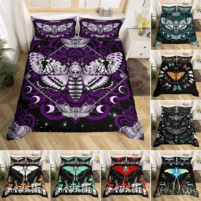 Butterfly And Death Moth Duvet Cover Queen Size Gothic Skull Flower Star Sky Moon Bedding Set Boho Exotic Black Comforter Cover
