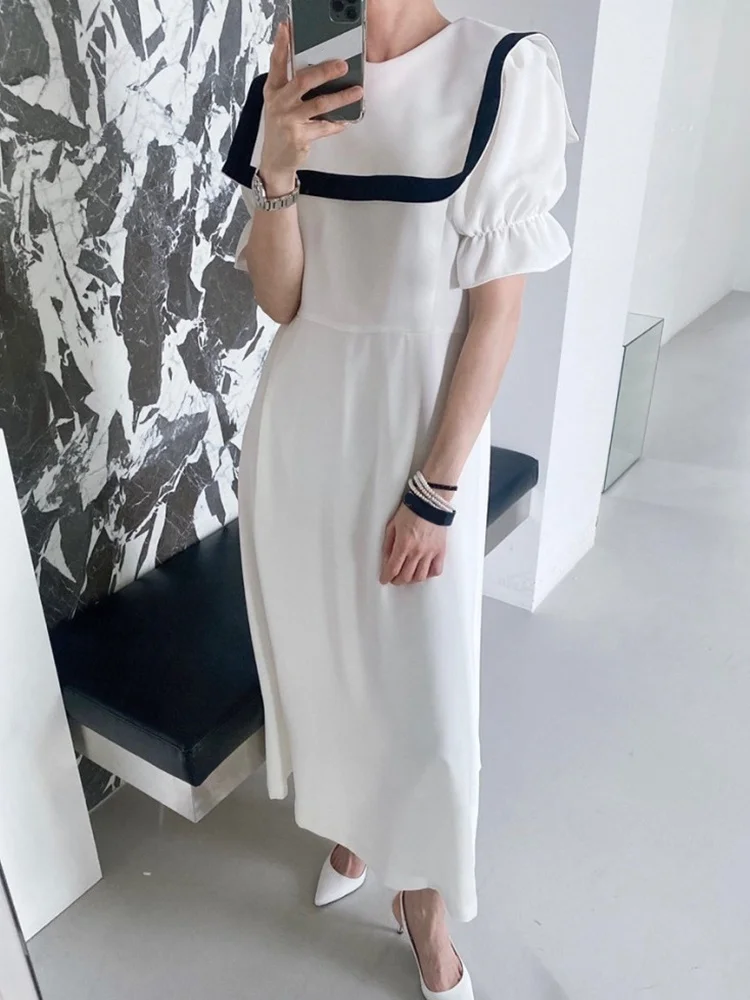 

Лоскутное платье с цветными блоками для женщин, длинные платья с круглым вырезом и коротким рукавом, простые с высокой талией, женская летня...