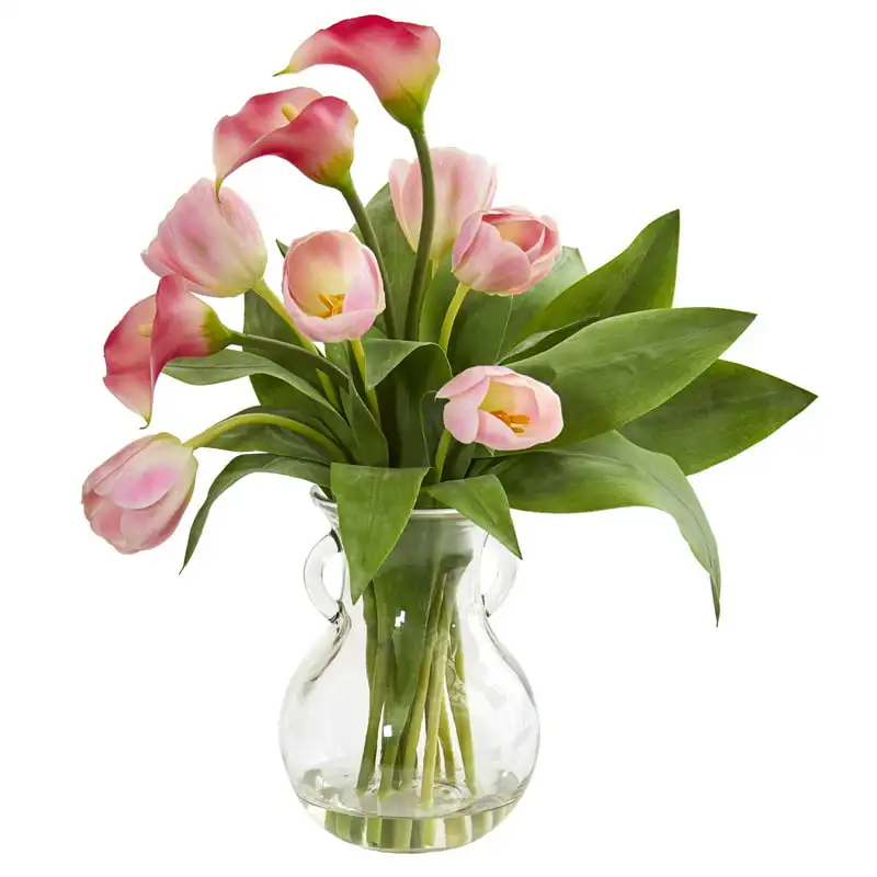

Calla Lily & Tulips Artificial Arrangement in Decorative Vase Wedding Party Vase Home Autumn Decoration Fake Flower