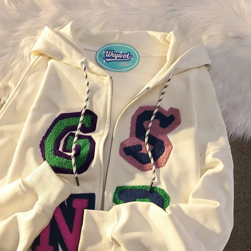 

Y2K новая Корейская версия свободного кроя на молнии с длинными рукавами Женский Повседневный Свободный кардиган с надписью Свитшот уличная...