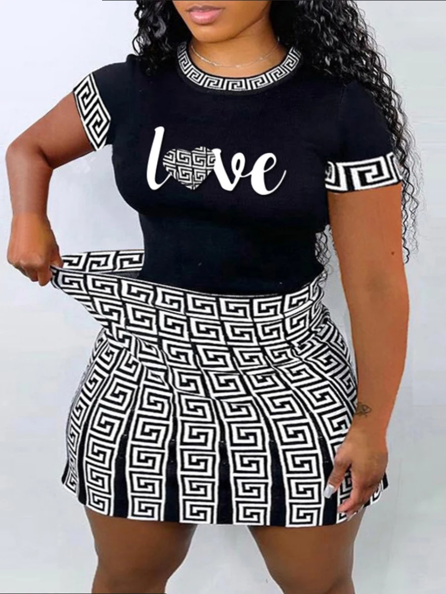 LW Plus Size Mini Skirt Set Outfits Letter Geometric Print Skirt Set Short Sleeves Skirts 2 Pcs Set Sexy Slim Summer dress