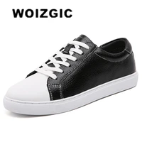 woizgic women female men students genuine leather white shoes flats lace up soft vulcanized shoes korean plus size 43 44
