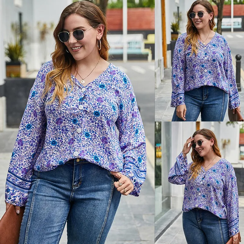 

ASDS-Long Sleeve Plus Size Tops Women Autumn V Neck Casual Loose Button Up Blue Floral Blouses Ladies Chic Shirts Top