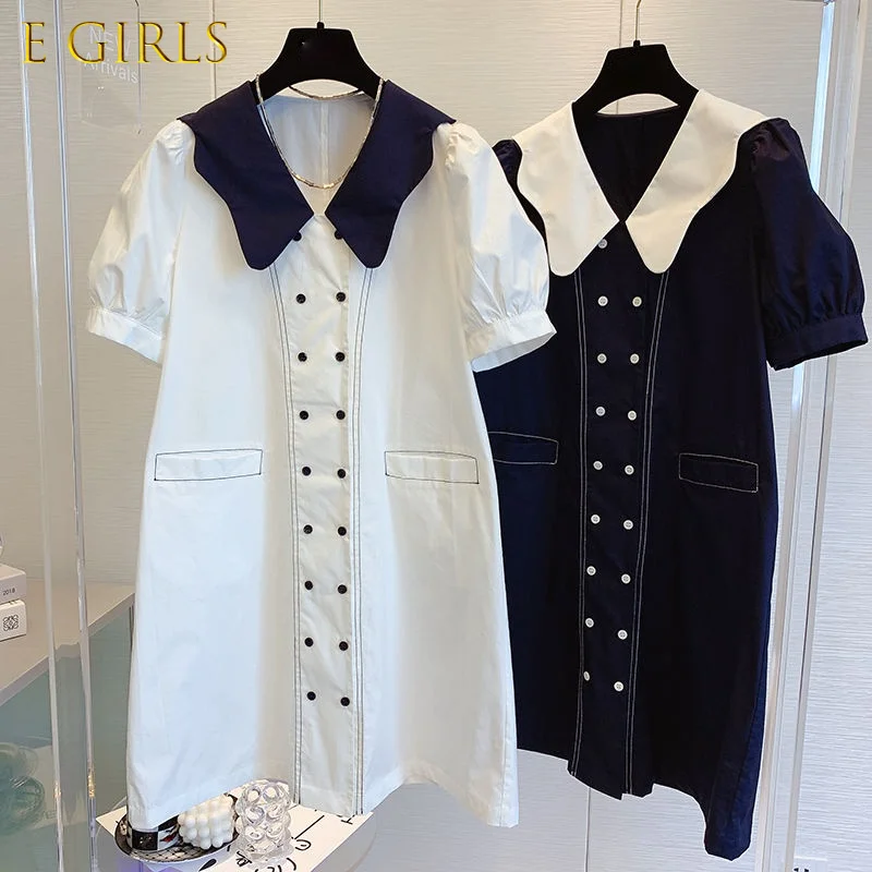 

E GIRLS Hit Color Peter Pan Collar Women Dress Causal Puff Sleeve Double Breasted Dresses Summer New Vestidos Mujer