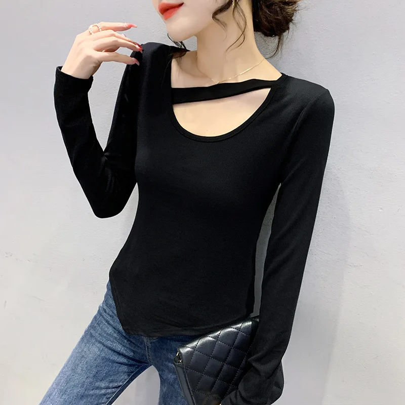 

2022 Spring New Thin Solid Color Long-sleeved T-shirt Women's Careful Machine Leakage Collarbone Irregular Hollow Top