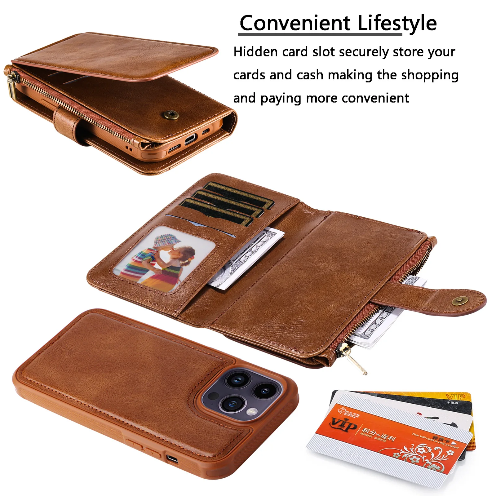 Деловой кожаный флип-чехол на молнии для телефона iPhone 15 Pro Max 13 12 11 14 Plus