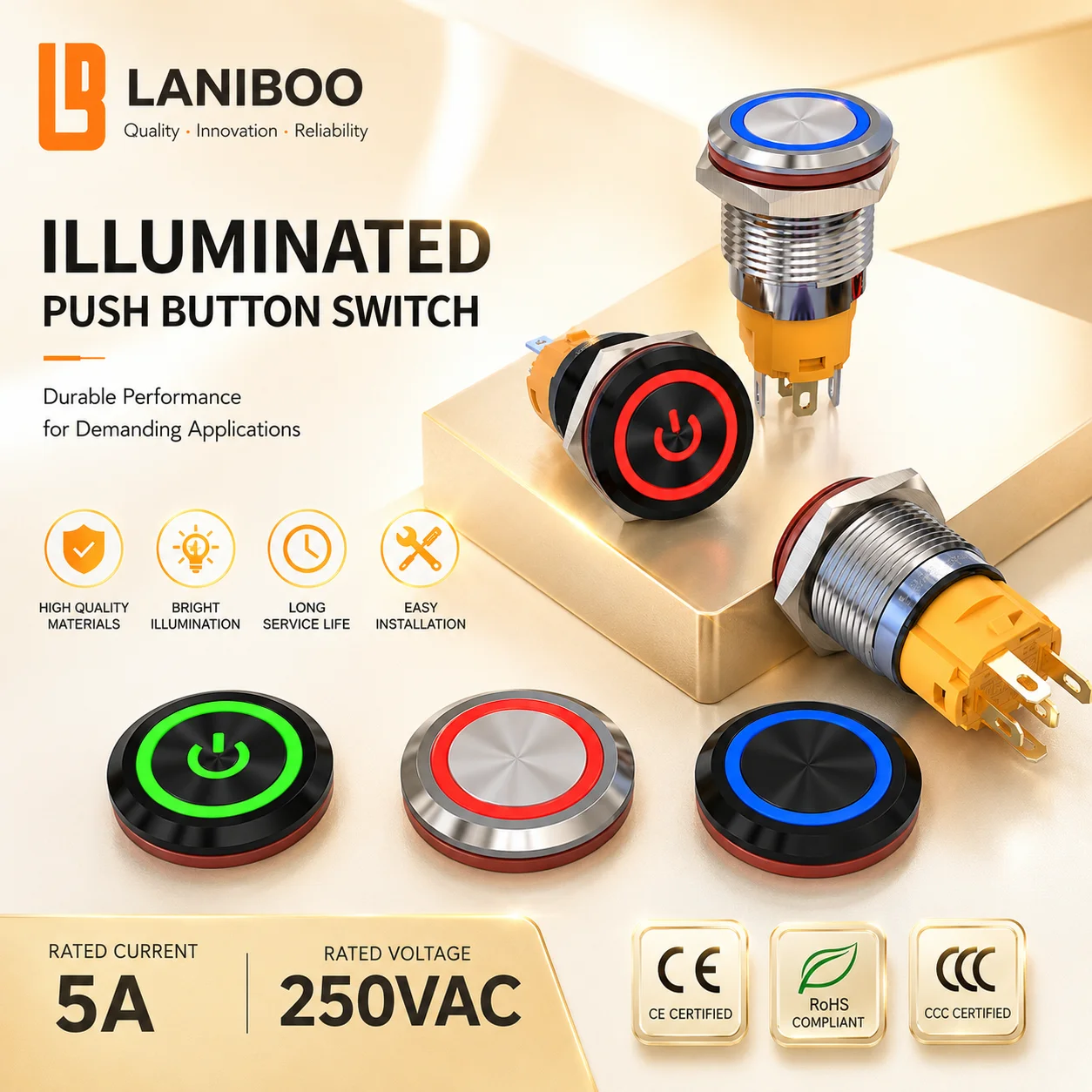 Фото Кнопка-переключатель LANBOO 16 мм металлическая с LED-индикатором (символ питания), мгновенного действия/фиксации, 12/24/220В, водонепроницаемая №2