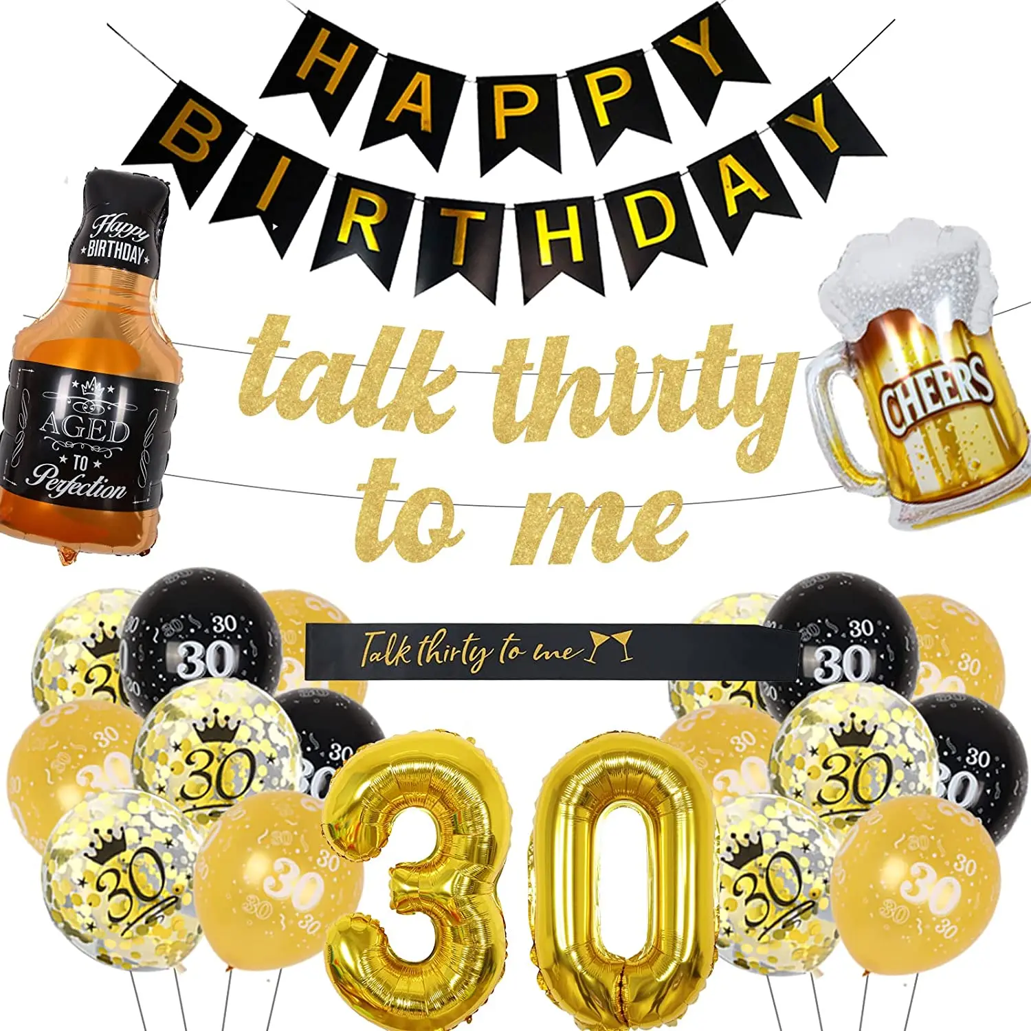 

Black Gold Birthday Decor Set with Talk Thirty To Me Glitter Banner Cheers Foil Balloon for Men's 30th Birthday Party Supplies