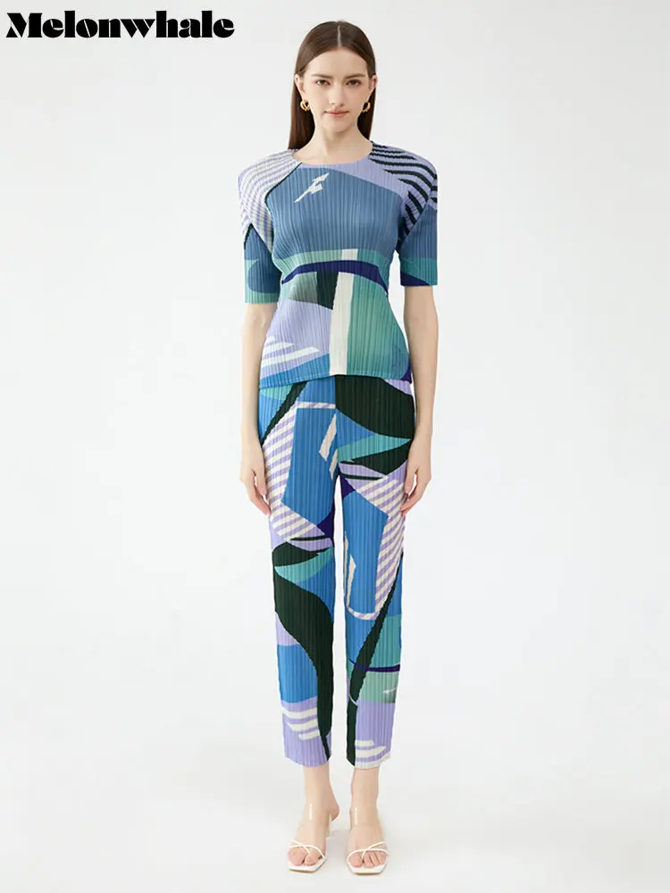 

MelonWhale Miyake Pleated Printed Short Sleeve Tops Straight Pants Casual Pant Women New Korean Fashion Berlin 2023 Summer