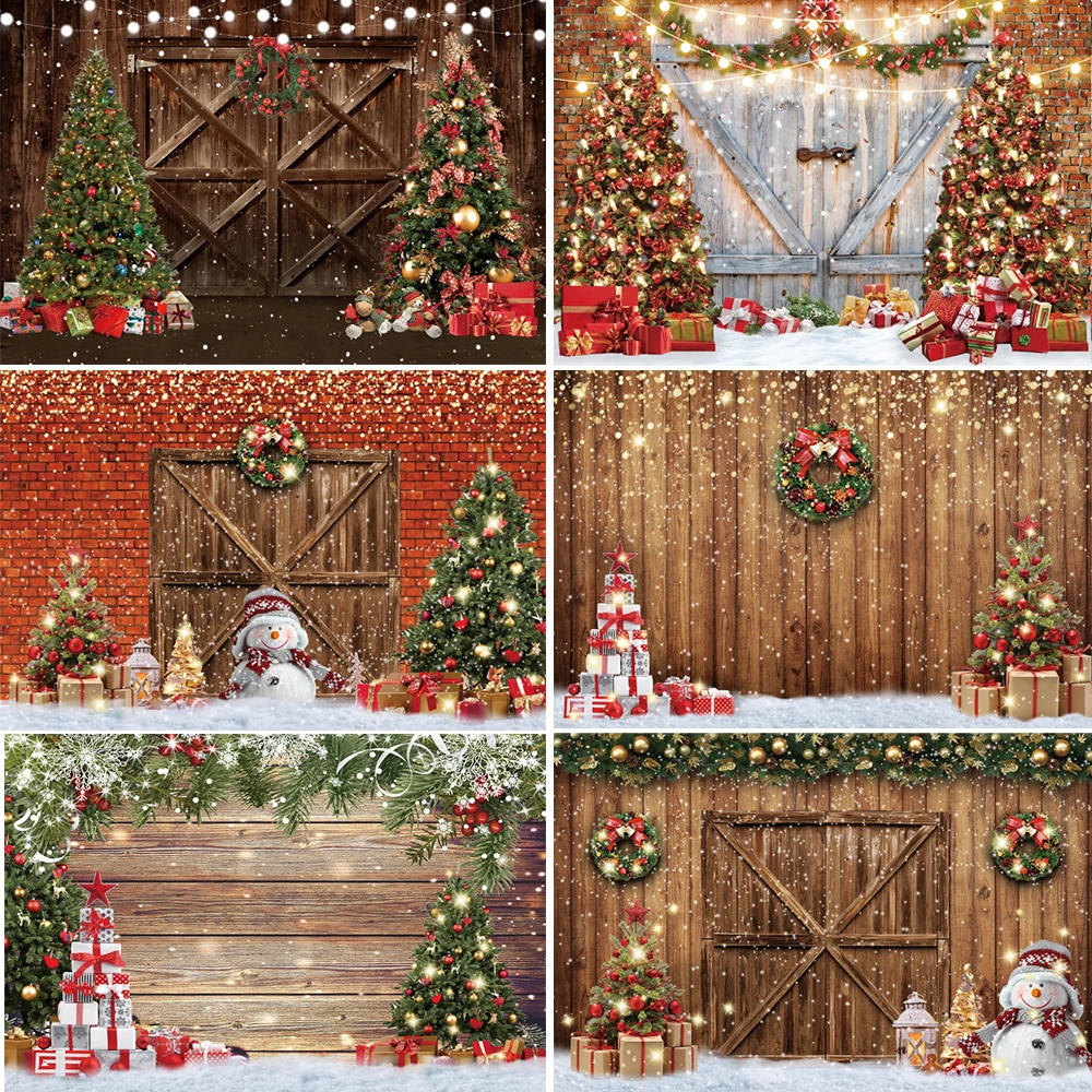 

Christmas Wooden Backdrop Christmas Tree Decoration Snowman Bells Party Portrait Photography Background Photocall Studio Props