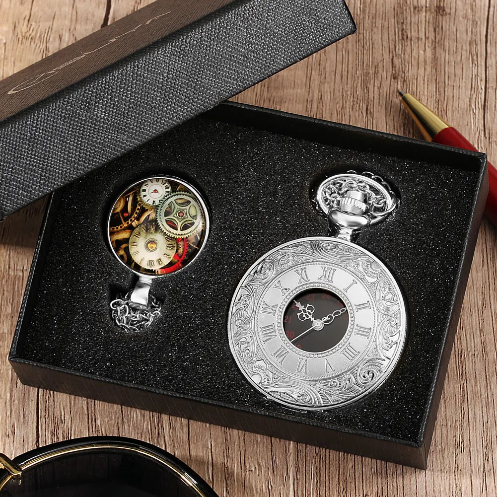 Quartz Pocket Watch Gift Set for Men Women Luxury Gold/Silver Pedent Hollow Case Steampunk Clock Fob Watch Roman Numerals Dail