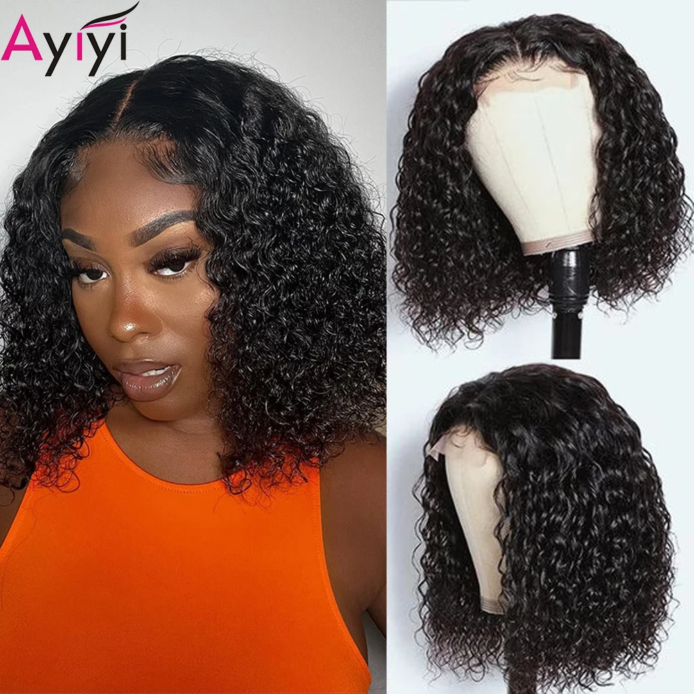 

Lace Front Human Hair Wigs Bob Water Wave Transparent Lace Wig Pre Plucked Bleached Knots Ayiyi 4X4 Lace Closure Bob Wig Remy