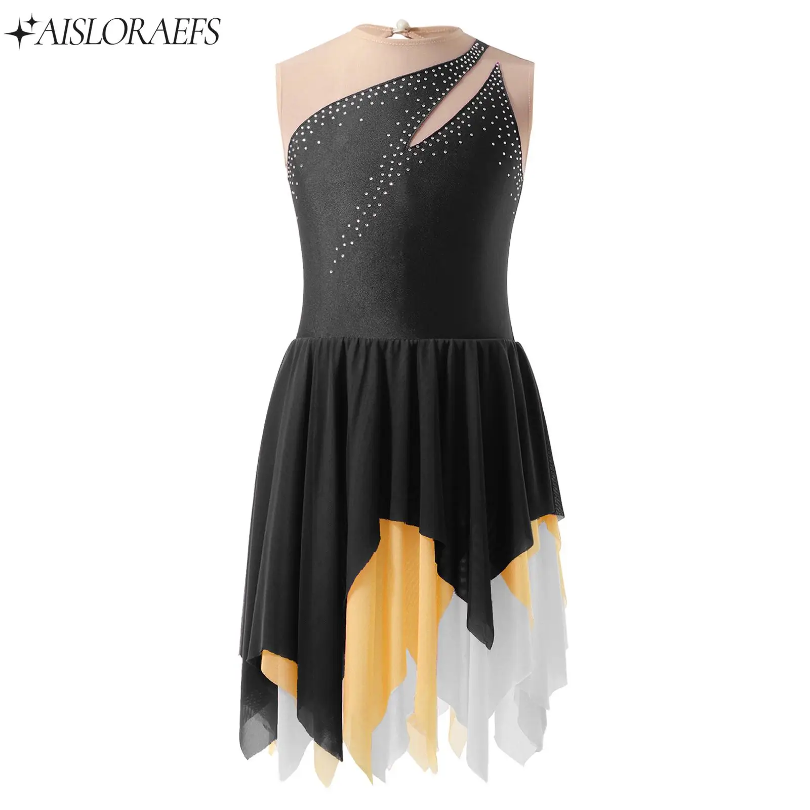 

Girls Sleeveless Rhinestones Asymmetrical Color Block Tank Ballet Dress Lyrical Modern Contemporary Dance Costume