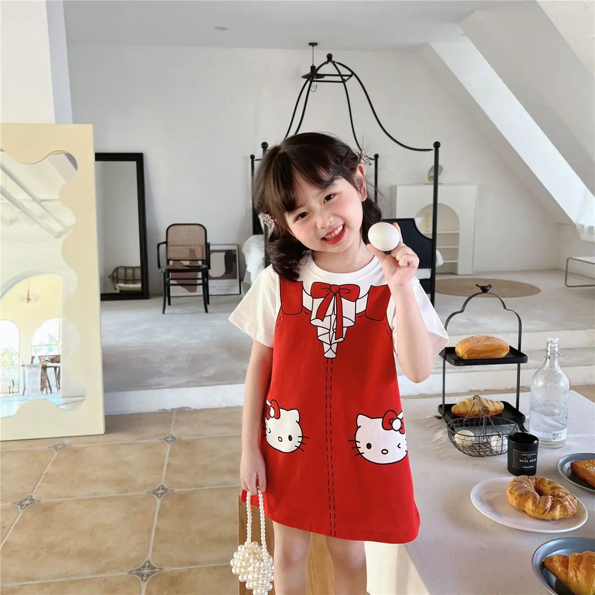 

Детское летнее Хлопковое платье-футболка с принтом Hello Kitty, с коротким рукавом