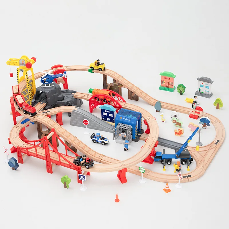 

Wooden Train Track Helipad Police Station Scene Set Flexible Wooden Track Set Compatible Brand Wooden Track Boys and Girls Gifts