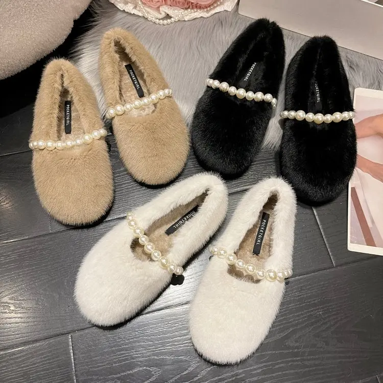 

Женские кроссовки с неглубоким носком, удобные и элегантные лоферы с украшением из жемчуга и круглым носком, на меху, повседневная обувь с бусинами, белый цвет