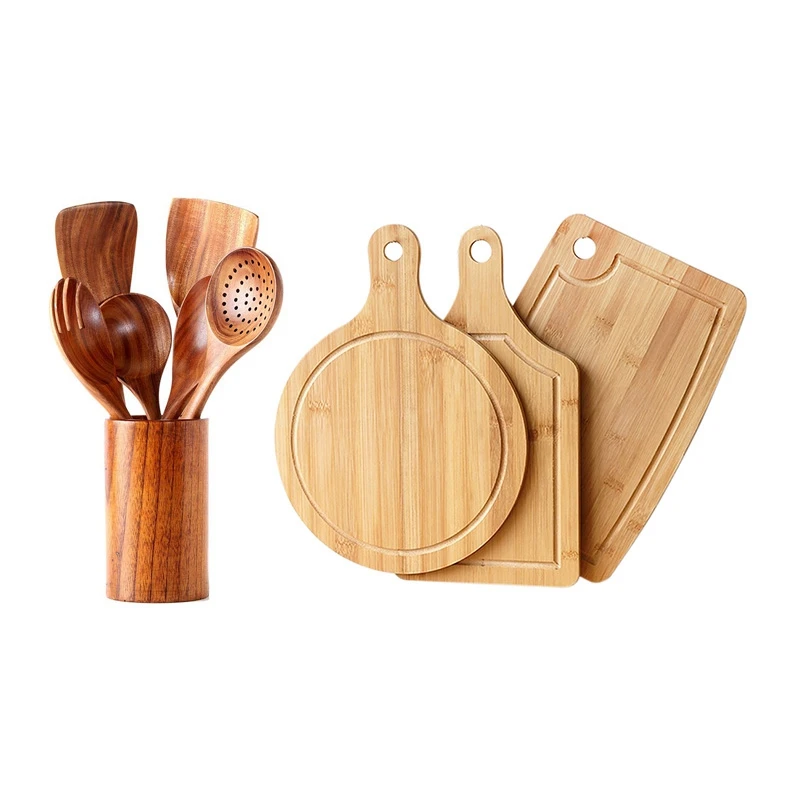 

7 Piece Set Kitchen Utensil Set, Wooden Cookware Set With 3 Piece Set Bamboo Cutting Board