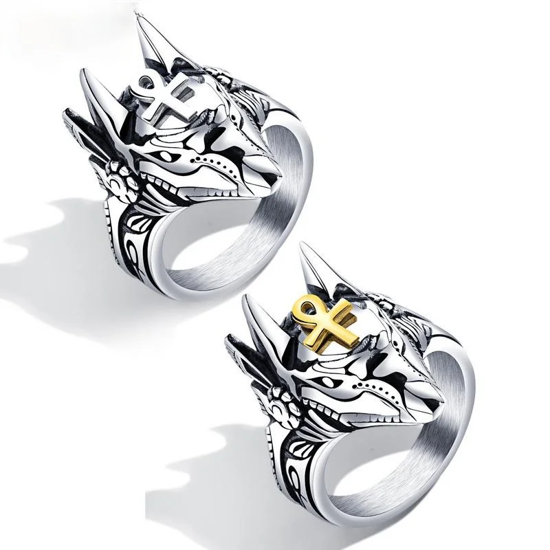 

Megin Stainless Steel Anubis Ancient Egyptian Death God Cross Wolf Head Rings for Men Women Couple Friends Gift Fashion Jewelry