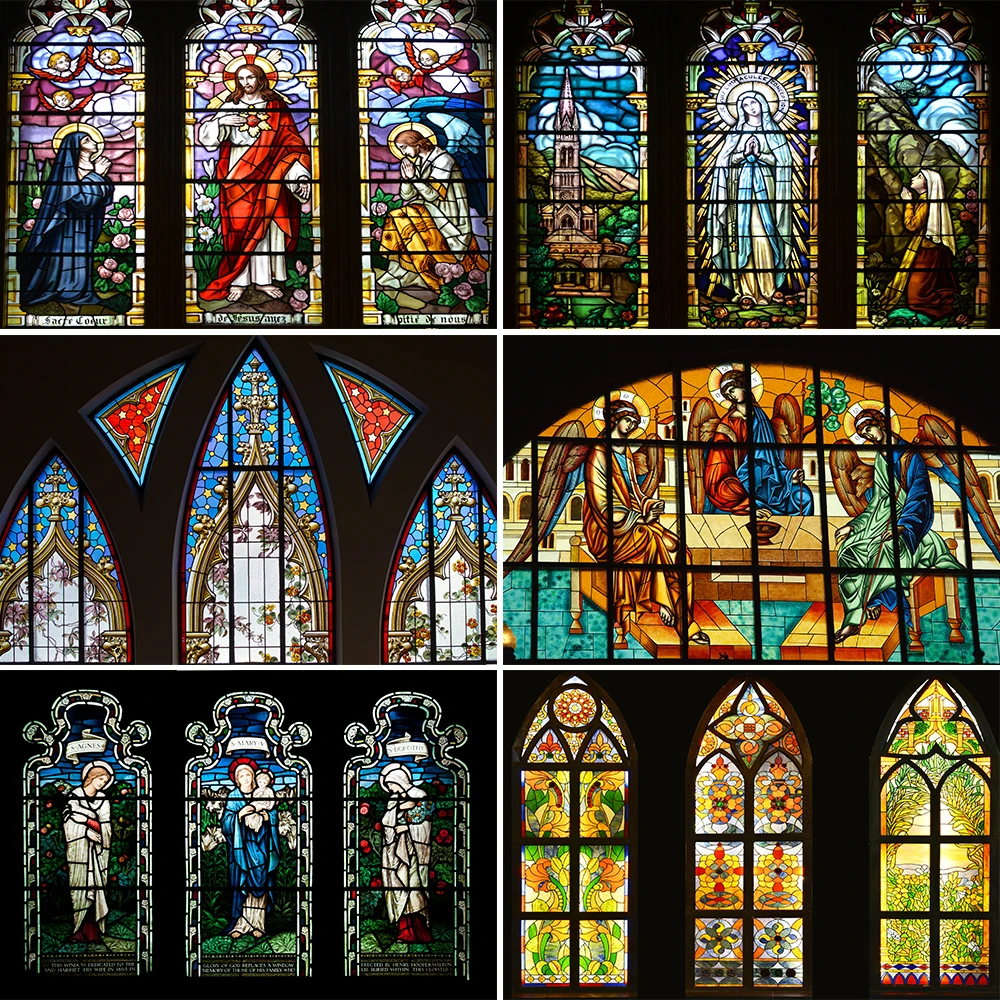 

Bonvvie Photo Background Stained Glass Window Church Pentecost Theme Family Portrait for Studio Photography Backdrop Props
