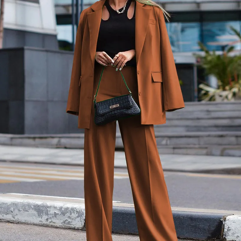 Women's Blazer Pant Sets Casual Long Sleeve Jacket + Wide Leg Pant Female 2 Pieces Set Ladies Fashion Elegant 2023 New Pant Suit