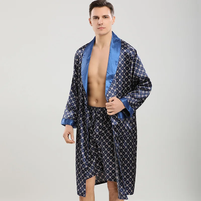 

US Code Europe Code Men's Spring and Summer Long Sleeve Silk Nightgown Two-piece Set Men's Thin Bathrobe