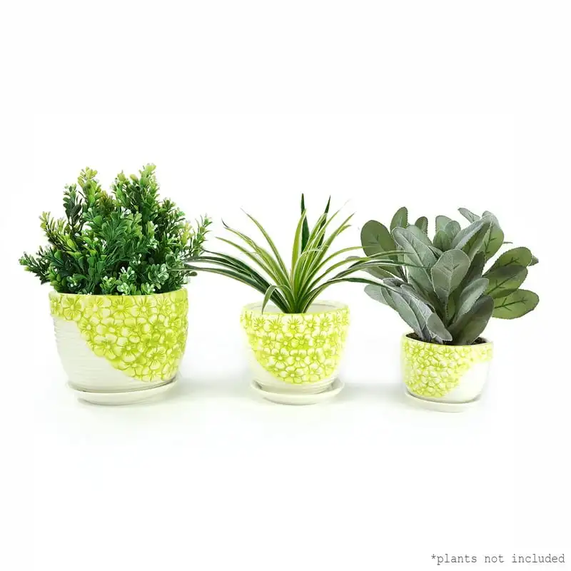 

a Lime Yellow Triple Ceramic Planter Pot 3 Set W/ Water Draining Hole and Saucer ( not included) Garden decoration outdoor Plan