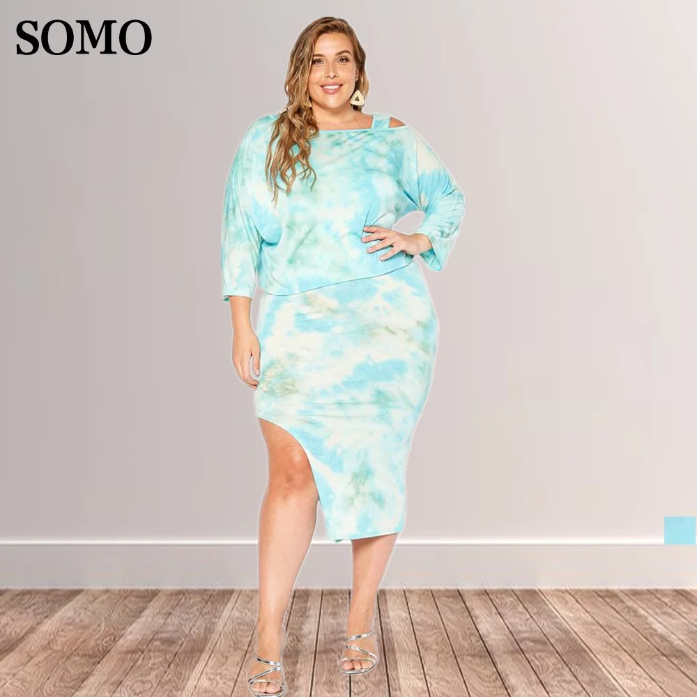 

SOMO Plus Size Women Clothing Fashion Tie-dyed Irregular Outfits Long Sleeve Top Tank Dress Two Piece Sets Wholesale Dropshpping