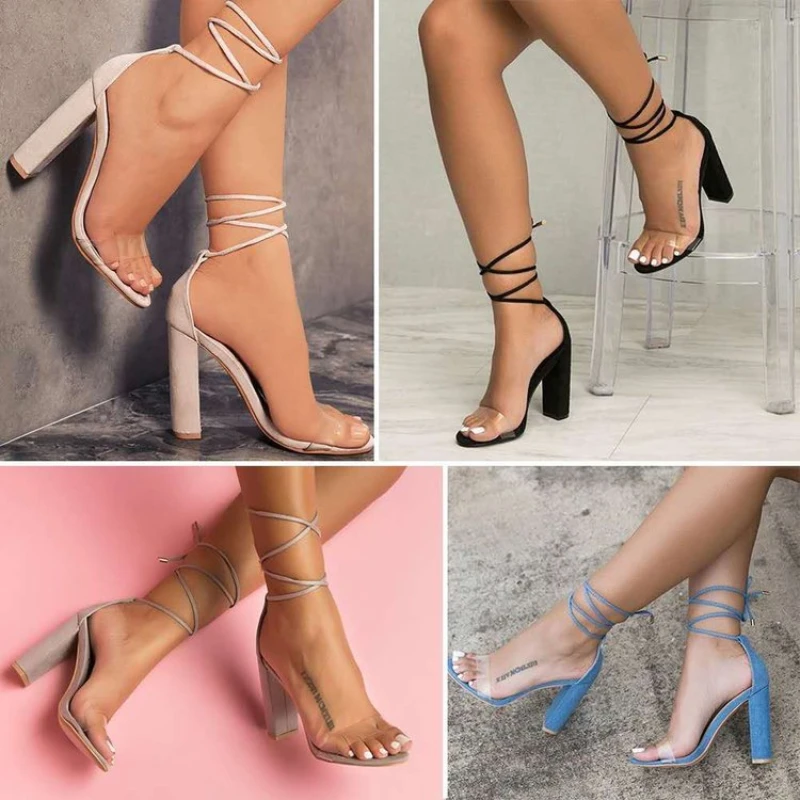 

Women Footwear Sandal Transparent Strap Thick Heel High Sandals Fashion Large Size Trade Summer New Flash Sale