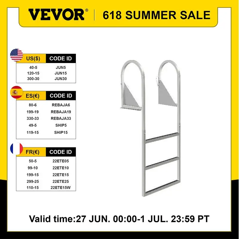 

VEVOR 3 / 4 / 5 Steps Aluminum Boat Dock Ladder 350 LBS Weight Capacity Removable Stainless Steel for Dock Pontoon Swimming Pool