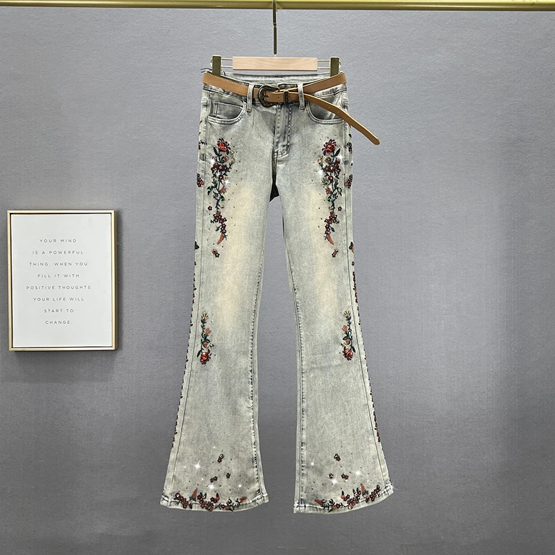

Женские джинсы с эффектом потертости, Новинка осени 2023, эластичные облегающие джинсовые брюки с высокой талией, расклешенные брюки с вышивкой в стиле ретро, женские джинсы