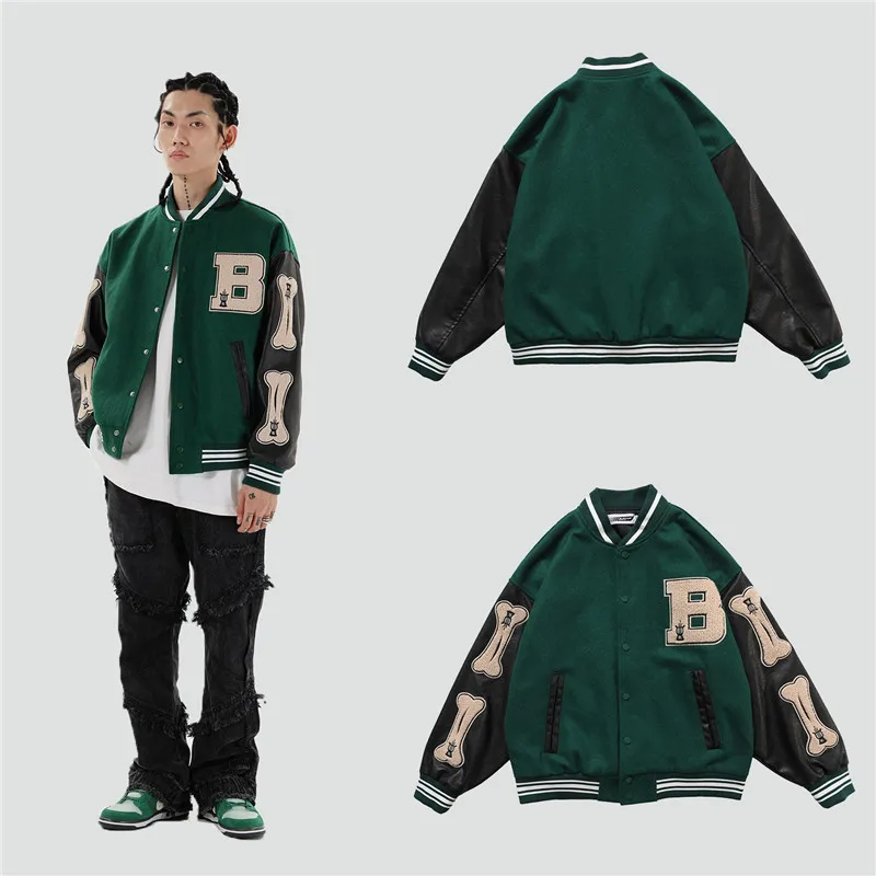 

Men Varsity Bomber Jacket Harajuku Korea Bone Letter Patchwork Hip Hop Streetwear Single Bbreasted Baseball Coats Unisex College