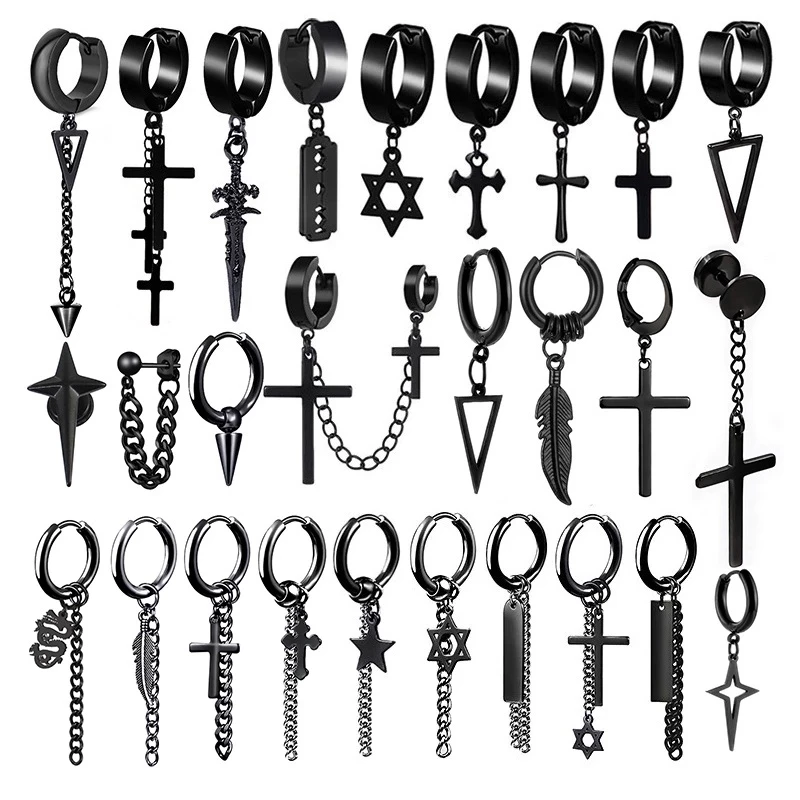 

1 Pairs Gothic Chain Tassel Dangle Earrings for Women/Men Punk Ear Jewelry Collection Popular Style Black Stainless Steel 857
