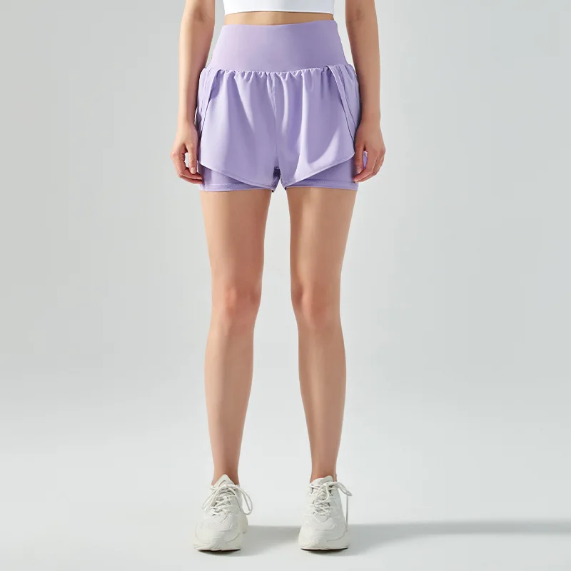 Fake two-piece women yoga shorts summer workout quick-drying running loose breathable safety sports pants