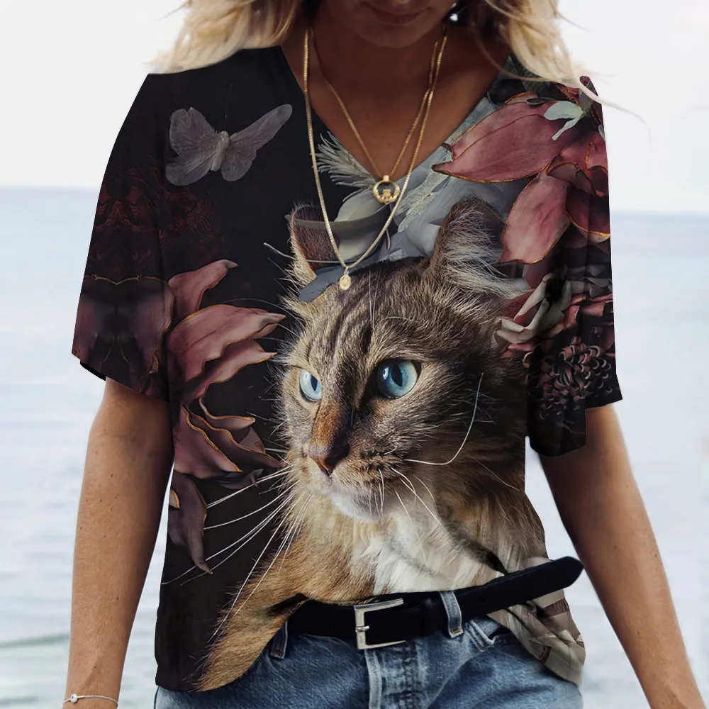 

V Neck Tshirt Women's Summer Casual Oversize Dazzle Color Cats Print Shirt Short Sleeve Top Vintage FemaleStreetwear Y2k Clothes