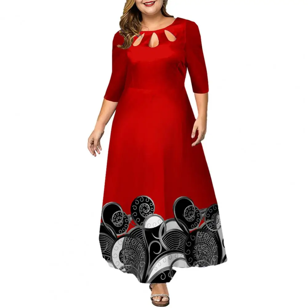 

Plus Size Maxi Dress Women O-neck 3/4 Sleeve Hollow Out Printing Loose Hem High Waist A-Line Gown Long Dress Female Clothing