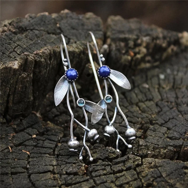

Vintage Tree Branch Vines Leaves Drop Earrings Tribal Jewelry Antique Silver Color Inlaid Navy Blue Beads Stone Earrings