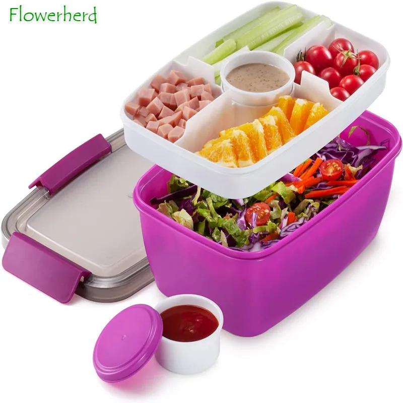 

Large Salad Container Lunch Box 2000ml Salad Bowl Bento Box with 5 Compartments Salad Dressing Containers Leak-Proof BPA-Free