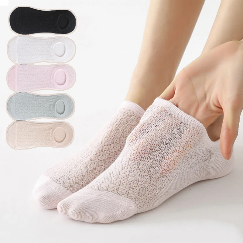 

Summer Socks Women Cotton Mesh Breathable Thin Harajuku White Shallow Sock Silicone Non-slip Invisible Cute Boat Sock Set 5pairs