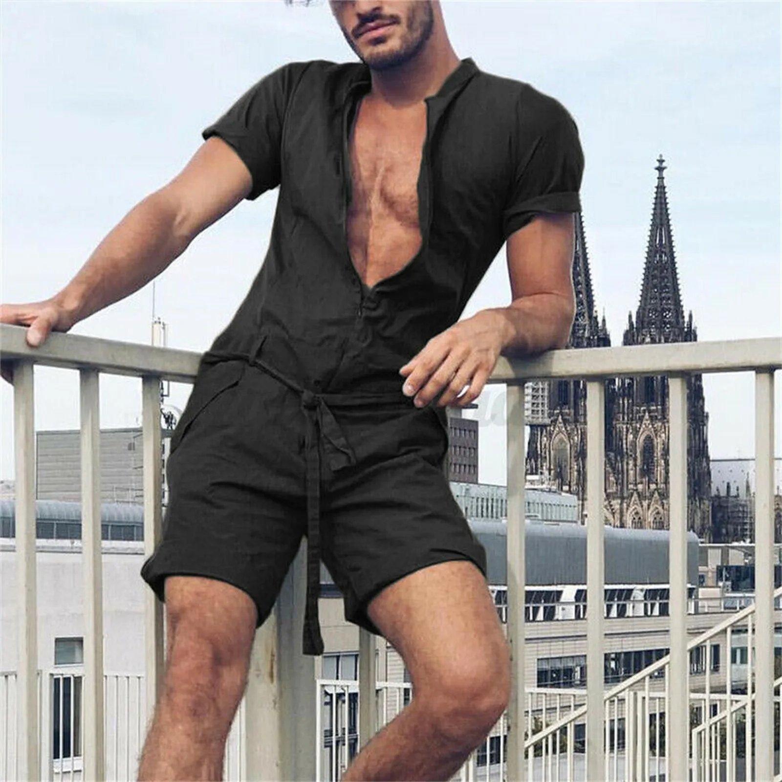 Cotton Male 2 Piece Set Solid Color Deep V-Neck Shirts Quick Dry Shorts Men Sets Beach Ensemble Homme Beachwear Conjuntos 2023