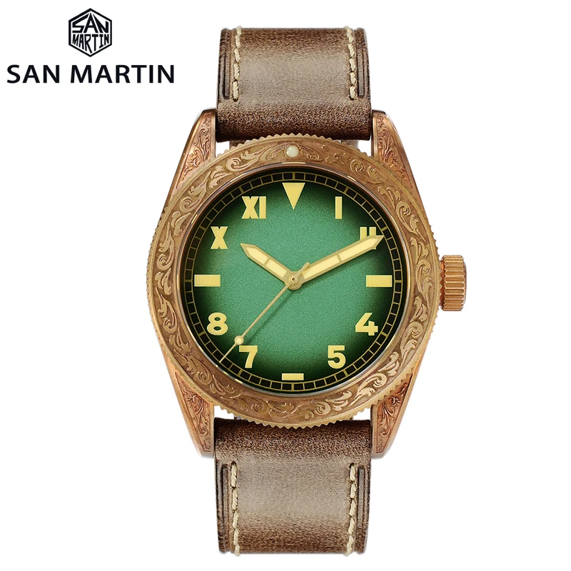 San Martin-reloj mecánico de 41mm para hombre, accesorio masculino con grabado de 50bar, diseño tradicional, de bronce Retro, luminoso