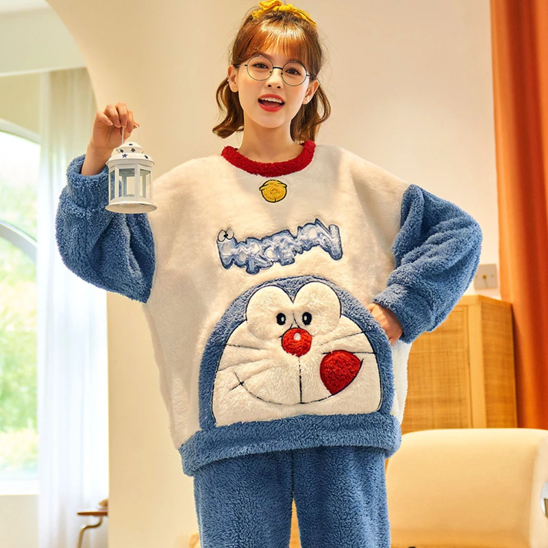 Winter Thicken Couples Pajamas Suit Women Men Cartoon Doraemon Pijamas Sets Sleepwear Soft Warm Korean  Pyjama  Femme Lovers Set