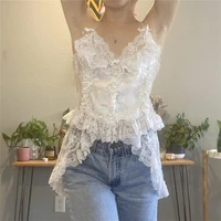 women summer fairy sleeveless lace see through tops vintage irregular hem spaghetti strap camis white tanks female clothes