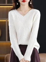 autumn and winter new solid color v neck temperament pure wool pullover knitted womens fashion is thin and loose outer wear top