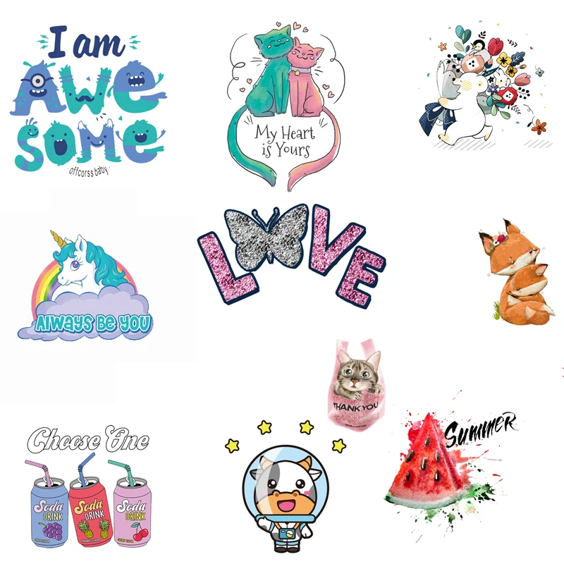 

Cute Iron on Transfer Cat Unicorn Patches Heat Transfer Cartoon Thermal Sticker on Clothes Girls Shirt Thermal Stickers for Kids