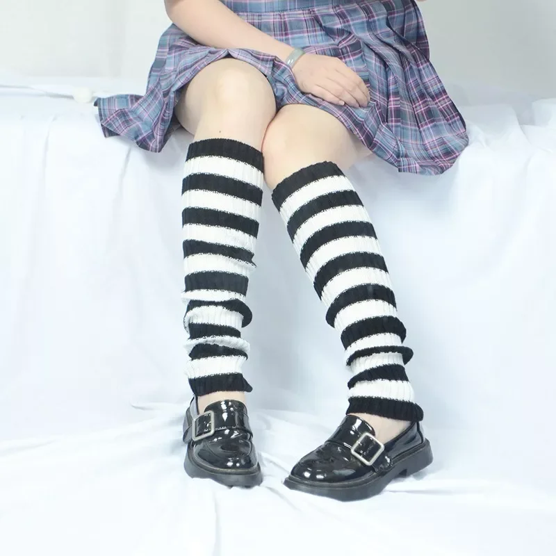 Lolita Sweet Girl Striped Leg Warmer Knit Socks Wool Ball Knitted Foot Cover Cosplay Women Autumn Winter Heap Heap Sock