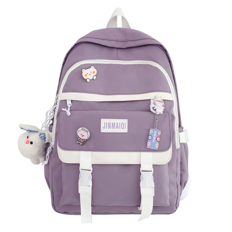 

Backpack with Cute Pin Accessories Plush Pendant Student School Bag Large Capacity Travel Backpacks Nylon Daypack
